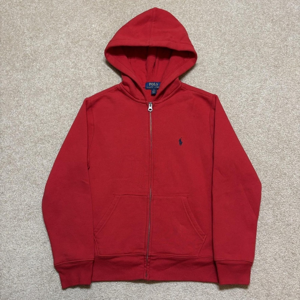 Polo Ralph Lauren Hoodie Sweatshirt Youth Medium 10-12 Red Full Zip Fleece
